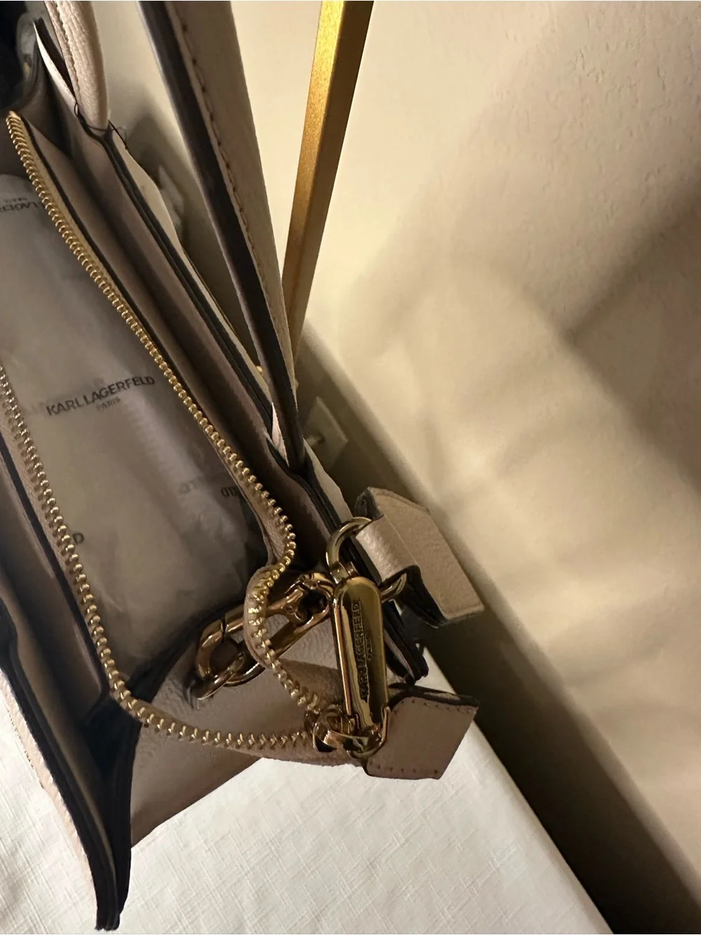 Karl Lagerfeld Beige Satchel with Logo Strap and Gold Accents NWT